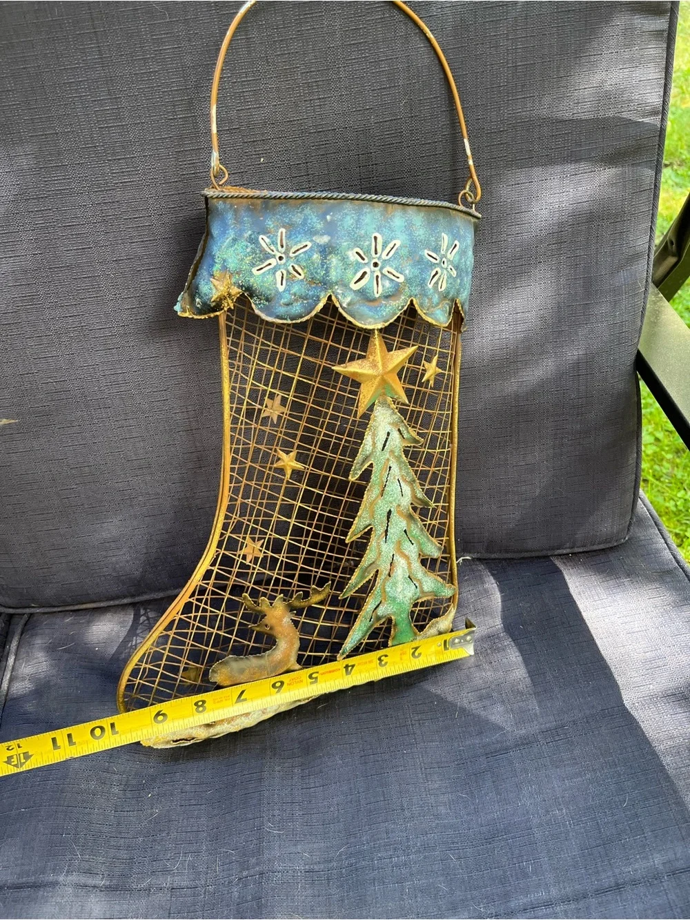 Gold and Teal Metal Christmas Stocking Wall Hanging - Unbranded